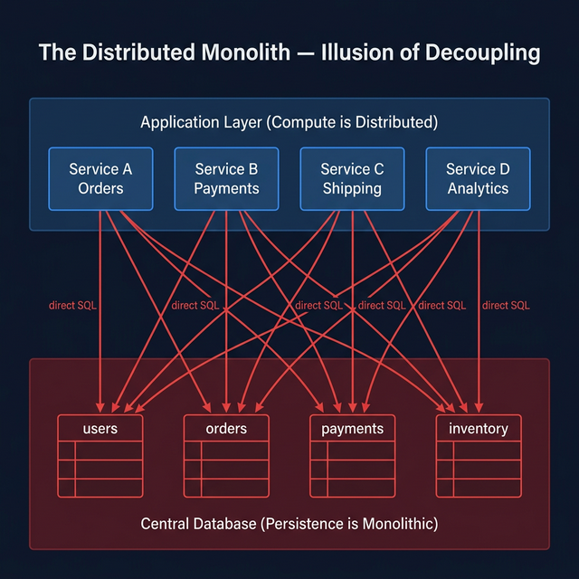 The Illusion of Decoupling: Every service connects directly to a central database, creating spaghetti dependencies at the persistence layer