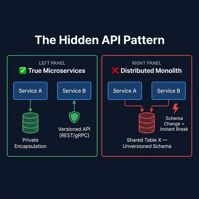 The Hidden API Pattern: True microservices use versioned API shields vs. distributed monoliths where a schema change breaks all services simultaneously