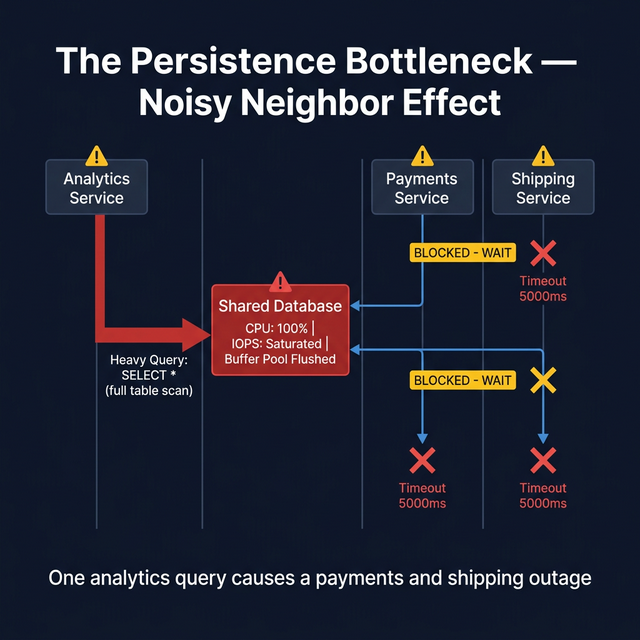 The Persistence Bottleneck: A heavy analytics query saturates the database, blocking payment service queries with wait/timeout errors