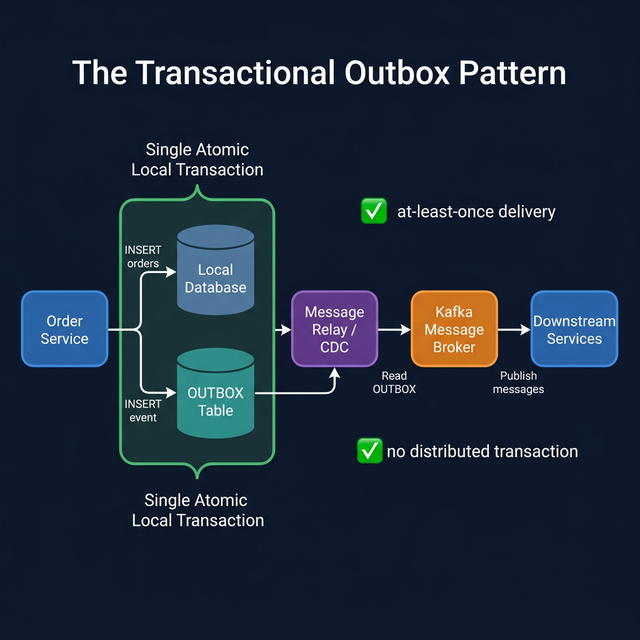 The Transactional Outbox Pattern: Service logic, Order Table, and Outbox Table wrapped in a single atomic transaction, with a Message Relay streaming events to a broker